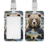 Bear Holding Fish ID Badge Holder Retractable Badge Reel Vertical Card Name Tag Holder with Breakaway Lanyard, ID Cards Holders Case for Nurse Security Staff Women Men
