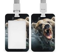 Bear Holding Fish ID Badge Holder with Vertical Card Badge Holder Waterproof Plastic Card Sleeve Badges Protector Case Name Tag ID Card Holder for Office Doctor Nurse Teachers