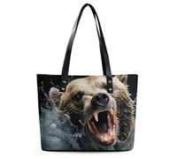 Bear Holding Fish Leather Tote Bag for Women Work Shoulder Purses with Zipper Waterproof Large Computer Shoulder Bag Fashion Ladies Shoulder Handbag Reusable Shopping Bags