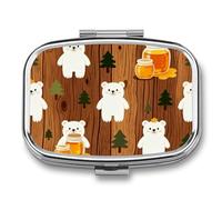 Bear Honey Brown Pill Box 2 Compartment Square Metal Pill Organizer Portable Mini Travel Medicine Case with Mirror Cute Medicine Container Holder for Pocket Purse