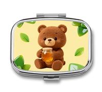 Bear & Honey Pill Box 2 Compartment Square Metal Pill Organizer Portable Mini Travel Medicine Case with Mirror Cute Medicine Container Holder for Pocket Purse