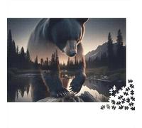 Bear in Forest Night 1000 Piece Puzzle for Adults Black Bear Double Exposure River Forest Premium Thick Sturdy Challenging Stress Relief 70x50cm/1000pcs