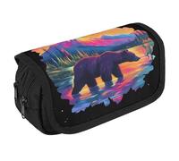 Bear in Forests Sunset Portable Pen Case Double Layered Large Capacity Exquisite Pencil Case for Officce