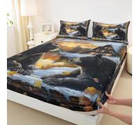 Bear Kids Double Size Fitted Sheet,Wild Animal Maple Leaf Boys Girls Bed Sheets,Snowy Rustic Farmhouse Room Decor,Black Yellow Bedding Set,2 Pillowcases(No Flat)