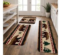 Bear Kitchen Mats for Floor, Rustic Wildlife Pattern Soft Mats, Cushioned Comfort Washable Non Slip Decor Rugs for Kitchen Sinks Laundryroom Bathroom 3Pcs