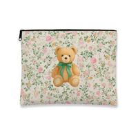 Bear Makeup Bag, Floral Pattern Cute Bear Cosmetic Travel Pouch for Women, Portable Small Canvas Zipper Organizer, Birthday Gift Toiletry Bag, Beige, 7x9 Inch, Bear