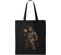 Bear Mechanic Equipped with Tools and Gear Natural Cotton Tote Bag Black