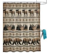 Bear Moose Shower Curtain for Bathroom, Country Vintage Bronze Forest Pine Tree Abstract Stripe Plaid Waterproof Cloth Fabric Bathroom Accessories Set with 12 Rust Proof Plastic Hooks, 56” x 78”