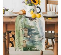 Bear Moose Table Runner 13x72 Inches Long Brown Wildlife Animal Rustic Green Pine Trees Cotton Linen Table Runner Burlap Style for Dinner Table Party Decor Tabletop Decorations