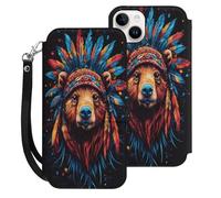 Bear Native Indian Chief Leather Wallet Cell Phone Cases Stand Foldable Flip Cover Phone Case Compatible with iPhone 15/15 Plus/15 Pro/15 Pro Max