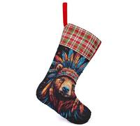 Bear Native Indian Chief Personalized Christmas Stockings Hanging Sequin Xmas Stocking for Tree Holiday Party Decor