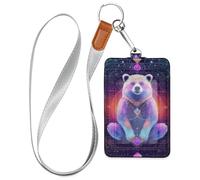 Bear Neon Mystery Tarot Cards Leather Badge id Holder with Lanyard and 3-Card Capacity Card Holders for Office Worker Nurse Teacher Student