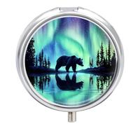 Bear Northern Lights Print Pill Organizer Round Pill Box Travel Pill Case Medicine Organizer for Pocket Purse