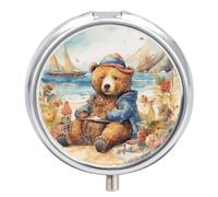 Bear on The Beach Pill Box 3 Compartment Travel Pill Organizer 3 Times A Day Cute Mini Pill Case for Purse & Pocket Portable Metal Medicine Box with Mirror Round Daily Medicine Vitamin Container