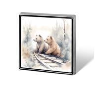 Bear on Train Tracks Badge Aluminum Alloy Square Badges Brooch Pins Vintage Cute Enamel Brooch Badge Cartoon Funny Lapel Pin for Coat Dress Jacket Decoration Accessories