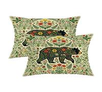 Bear Outdoor Pillow Covers, Nature Bohemian Flowers Leaves Summer Green Water Resistant Polyester Decorative Pillow Covers for Outside Bench Porch Garden Furniture 20x12 Inch