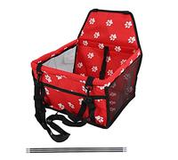 Bear Pattern Pet Carrier Cage, Pet Car Safety Seat with Support Rod, Washable Foldable Dog Travel Seat with Adjustable Strap for Front Rear Car Headrests (Red paw print support stick style)