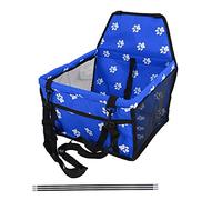 Bear Pattern Pet Carrier Car Seat for Dogs and Cats with Support Rods Washable Foldable Oxford Cloth Pet Safety Seat Compatible with Headrests (Blue paw print support stick style)