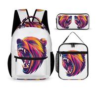 Bear Pattern School Backpack 3 Piece Set for Boys Age 6, Animal Print Book Pack School Supplies Bundle Year 5-7 for Young Learners Outdoor Learning Family Trips and Weekend Adventures