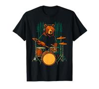 Bear Playing Drums with Headphones in Forest Design T-Shirt
