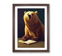 Bear Reading Framed Print | A3 Walnut Framed Wall Art | Ready to Hang | Modern Animal Picture | Living Room Bedroom Lounge Office