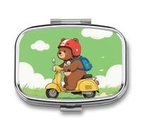 Bear Riding Motorcycles Pill Box 2 Compartment - Small Metal Medicine Organizer Portable Pill Case for Purse Pocket Travel Vitamin Organizer for Men Women, BPA-Free