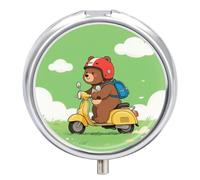 Bear Riding Motorcycles Pill Box Travel Pill Organizer 3-Compartment with Mirror Design Portable Round Medicine Case for Vitamins, Jewelry & Essentials Durable Pocket Pillcase for Purse, Camping