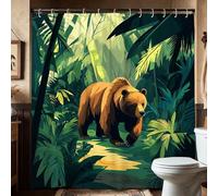 Bear Shower Curtain, Forest Green Yellow Brown Grizzly Bear Shower Curtain for Bathroom Decor, Fall Winter Rustic Nature Waterproof Fabric Shower Curtain Set with Hooks 62x72 Inch