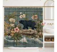 Bear Shower Curtain, Vintage Forest Wildlife Black Bear Bathroom Decor, Nature Inspired Rustic Waterproof Fabric Shower Curtain for Farmhouse Spring Summer Style with Hooks 72x84 Inch