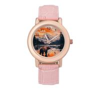 Bear Snow Mountain Sunset Womens Leather Strap Elegant Lady Wrist Watches Casual Band Three-Hand Watch