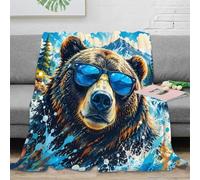 Bear sunglasses print microfiber throw blanket fleece feel sofa bed decor | 80×90inch plush microfiber touch lightweight warmth easycare sofa accent travel throw modern bear art gift