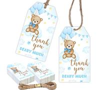 Bear Thank You Tags, 50pcs Blue Gift Tags with String for Baby Shower, Thank You Beary Much Gift Tags for Celebrating Wedding Birthday Baby Shower Bridal Shower Party Favors