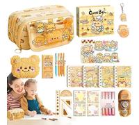 Bear Themed Pencil Case 20x9x10cm Holder, Multifunctional Travel Includes Gel Pens Highlighter Stickers Ruler Notepad Keychain Plush Brooch Accessories Set Supplies Office Art Material Storage