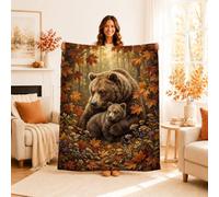Bear Throw Blanket, Autumn Nature Cub Leaves Fall Brown Flannel Blanket Soft Lightweight Decorative for Couch Sofa Bed Office Chair Recliner 40x50 Inch