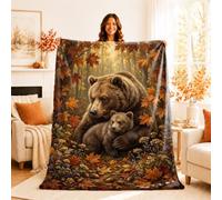 Bear Throw Blanket, Autumn Nature Cub Leaves Fall Brown Plush Blanket Lightweight Compact Aesthetic for Couch Sofa Bed Chair Car Office Desk 50x60 Inch