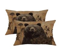 Bear Throw Pillow Covers Set of 2, Vintage Brown Wildlife Cushion Cases, Rustic Decorative Square Farmhouse Decor for Home Sofa Bed Couch 20x12 Inch