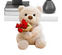 Bear Toy - Plush Fabric Medium Size | Hold Flower Soft Throw Pillow Adorable Stuffed Animal Cuddly Decorative Gift | Romantic Comfort Accent For Women Girlfriend Girls Kids Wedding Birthday