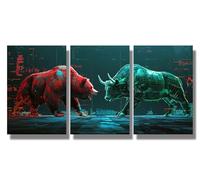 Bear Vs Bull Stock Market Trading Wall Art 3 Panels Red Digital Bear and A Green Wireframe Bull Canvas Bedroom Painting Home Decor Framed Resdy to Hang 36x16 inches
