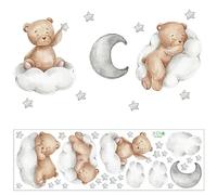 Bear Wall Stickers, Teddy Bear Sleeping on The Cloud Wall Decal Clouds Stars Moon Removable Wall Decor Peel and Stick Wall Art Decals for Kids Bedroom Baby Nursery Wall Decor Sticker Safe Non-Toxic