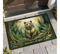 Bear Welcome Door Mat, Nature Rustic Ferns Trees Fall Green Skid Resistant Doormats for Floor Entryway Decor for Front Porch Bathroom Office 29x17 Inch