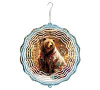 Bear Wind Spinner, Winter Festive Christmas Lights Plaid Scarf Xmas Brown Metal Hanging Wind Sculptures Outdoor Ornaments for Garden Yard Patio Lawn Party Decor 12 Inch