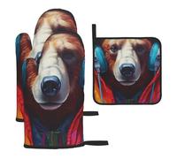 Bear With Headphones Printed Oven Mitts And Pot Holders Sets Oven Mitts Heat Resistant Oven Gloves For Cooking Baking Kitchen BBQ