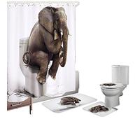 Bearbae 4 Piece Elephant Pattern Bath Mat Set Shower Curtain Set Bathroom Mat Contour Mat Toilet Cover Shower Curtain with 12 Hooks
