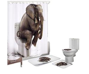 Bearbae 4 Piece Elephant Pattern Bath Mat Set Shower Curtain Set Bathroom Mat Contour Mat Toilet Cover Shower Curtain with 12 Hooks