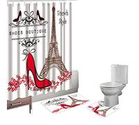 Bearbae Red High Heels with Paris Eiffel Tower French Style Decor 16 Piece Bathroom Mat Set Shower Curtain Set Bath Mat Contour Mat Toilet Cover Shower Curtain with 12 Hooks