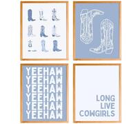 BearCake Long Live Cowgirls Decor, Blue Preppy Western Cowgirl Boots Posters Wall Art Prints Decor for Girls Bedroom Dorm Decor, Cowgirl Room Decor, Preppy Room Decor, 8x10 Inches Set of 4 Unframed