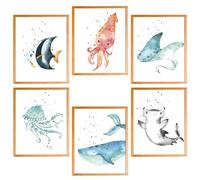 BearCake Watercolor Ocean Animals Nursery Wall Art Set of 6 UNFRAMED, Ocean Nursery Decor, Under the Sea Nursery Wall Decor Poster Prints for Toddler Kids Boy Girl Room Bathroom Playroom, 8x10 Inches