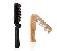 Beard Brush and Comb, Boar Bristle Beard Brush for Men Foldable Mustache brush Set with Beard Comb 2Pcs