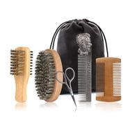 Beard Brush and Comb Set with Mustache Scissors Grooming Kit, Natural Boar Bristle, Dual Action Wood Comb, Dual Side Brush for Men's Facial Hair, Travel Bag