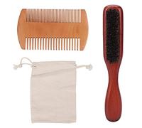 Beard Comb Brush Set for Men, Wooden Grooming Kit, Double Sided Mustache Comb with Fine and Wide Teeth, Beard Brush Included, Travel Storage Bag for Beard Care